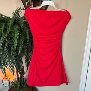 NWOT Red Dress Asymmetrical Off Shoulder Lined Mini Ruched Stretch Bodycon Flare